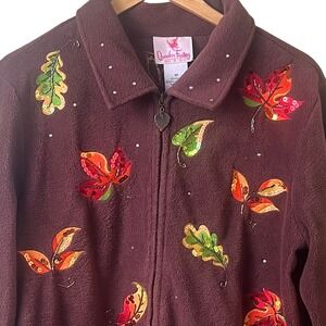 Quaker Factory‎ Rust Fleece Rhinestone Embellished Leaves Fall Zip Jacket Medium